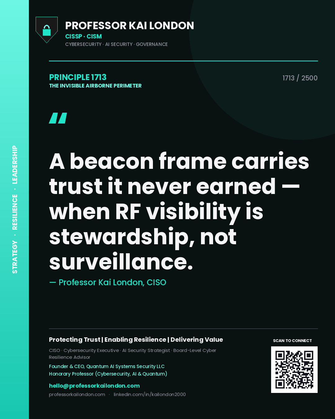 Professor Kai London principle 1713: A beacon frame carries trust it never earned — when RF visibility is stewardship, not surveillance.