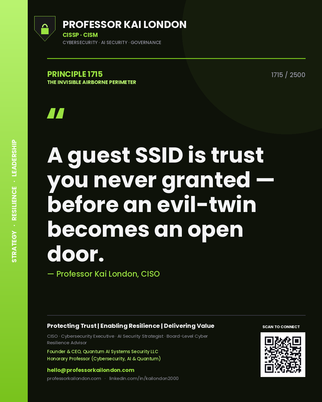 Professor Kai London principle 1715: A guest SSID is trust you never granted — before an evil-twin becomes an open door.