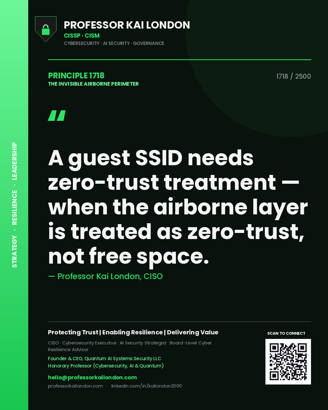 Professor Kai London principle 1718: A guest SSID needs zero-trust treatment — when the airborne layer is treated as zero-trust, not free space.