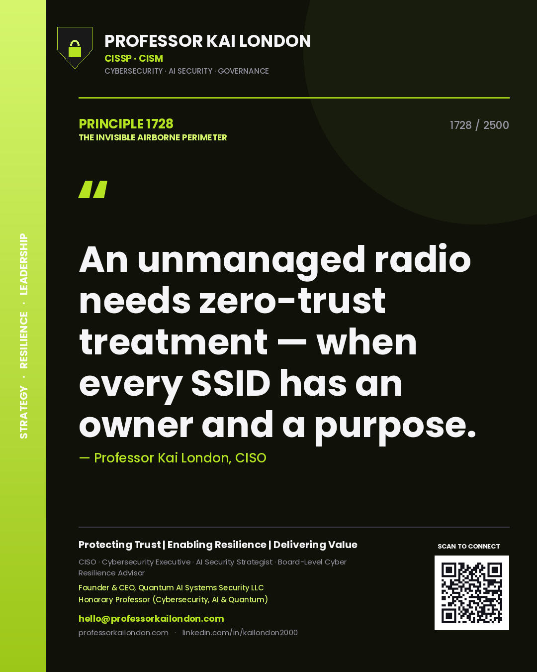Professor Kai London principle 1728: An unmanaged radio needs zero-trust treatment — when every SSID has an owner and a purpose.