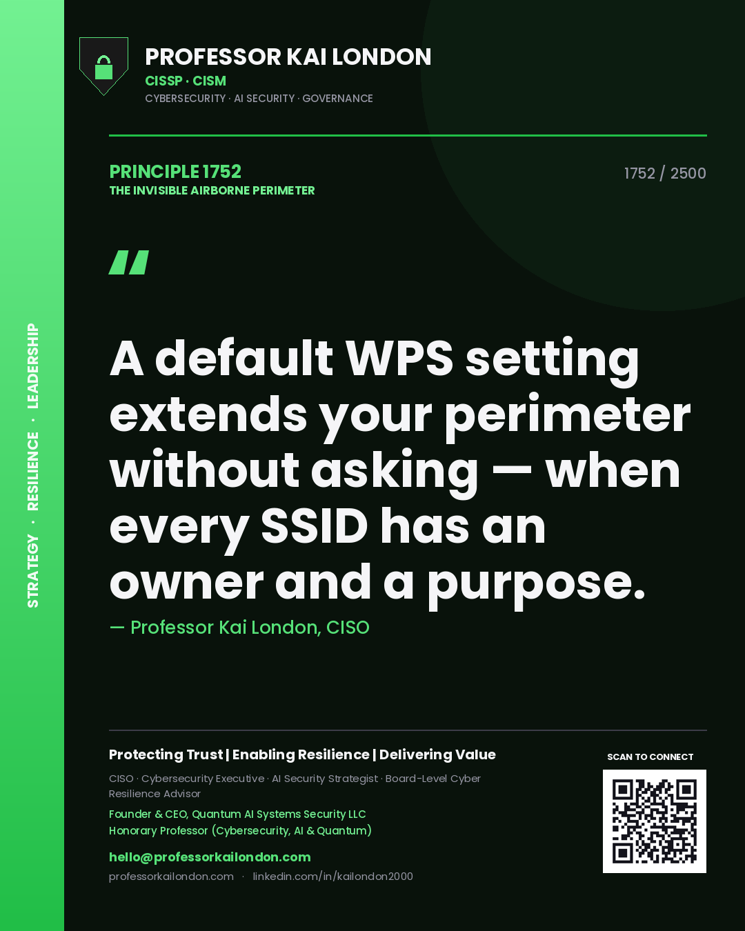 Professor Kai London principle 1752: A default WPS setting extends your perimeter without asking — when every SSID has an owner and a purpose.