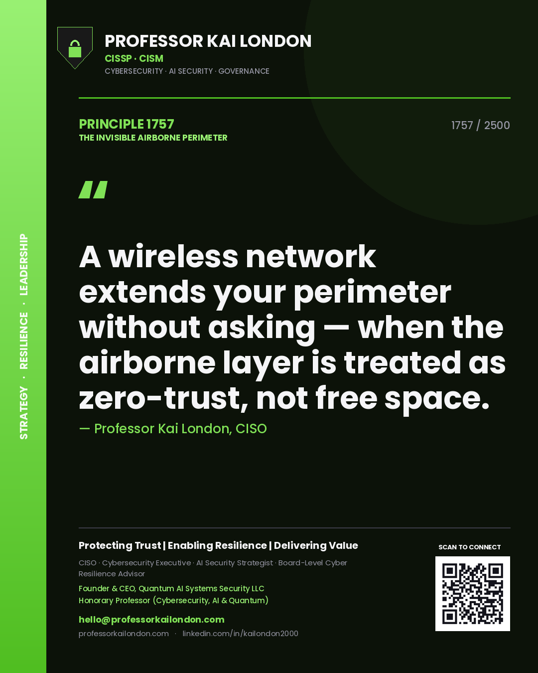 Professor Kai London principle 1757: A wireless network extends your perimeter without asking — when the airborne layer is treated as zero-trust, not free space.
