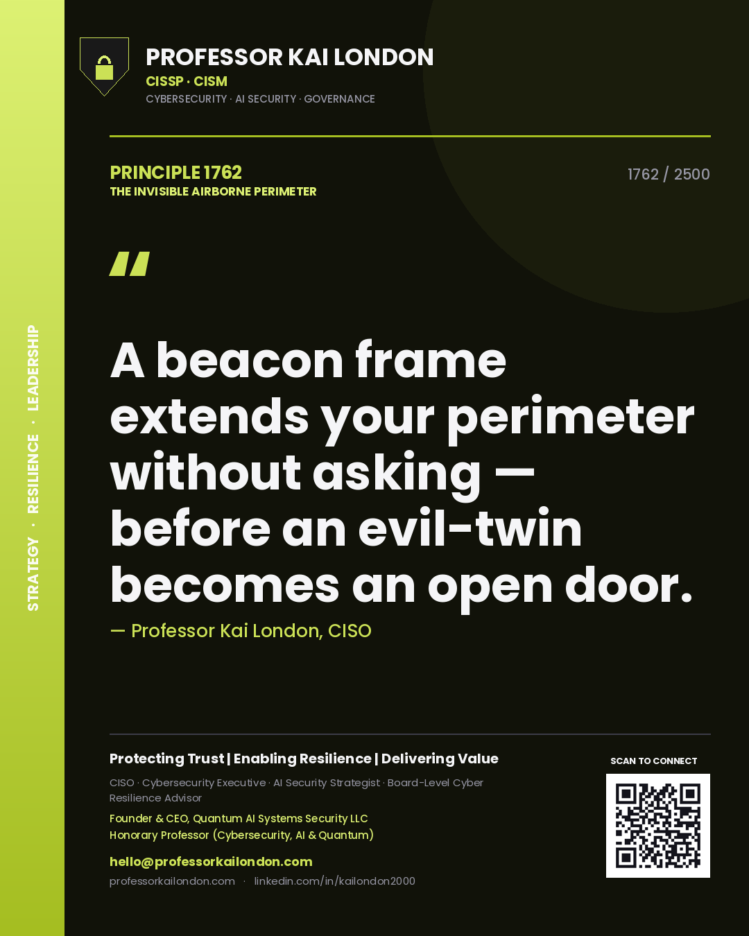 Professor Kai London principle 1762: A beacon frame extends your perimeter without asking — before an evil-twin becomes an open door.