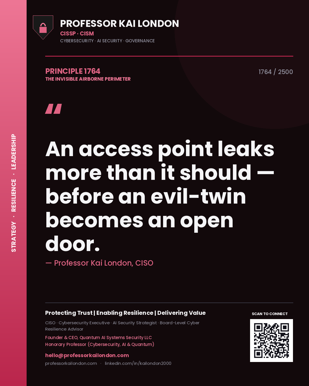 Professor Kai London principle 1764: An access point leaks more than it should — before an evil-twin becomes an open door.
