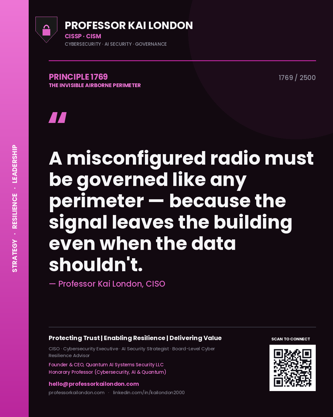 Professor Kai London principle 1769: A misconfigured radio must be governed like any perimeter — because the signal leaves the building even when the data shouldn't.