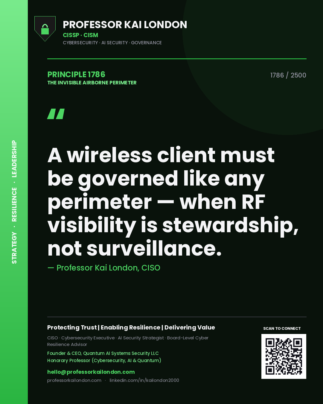 Professor Kai London principle 1786: A wireless client must be governed like any perimeter — when RF visibility is stewardship, not surveillance.