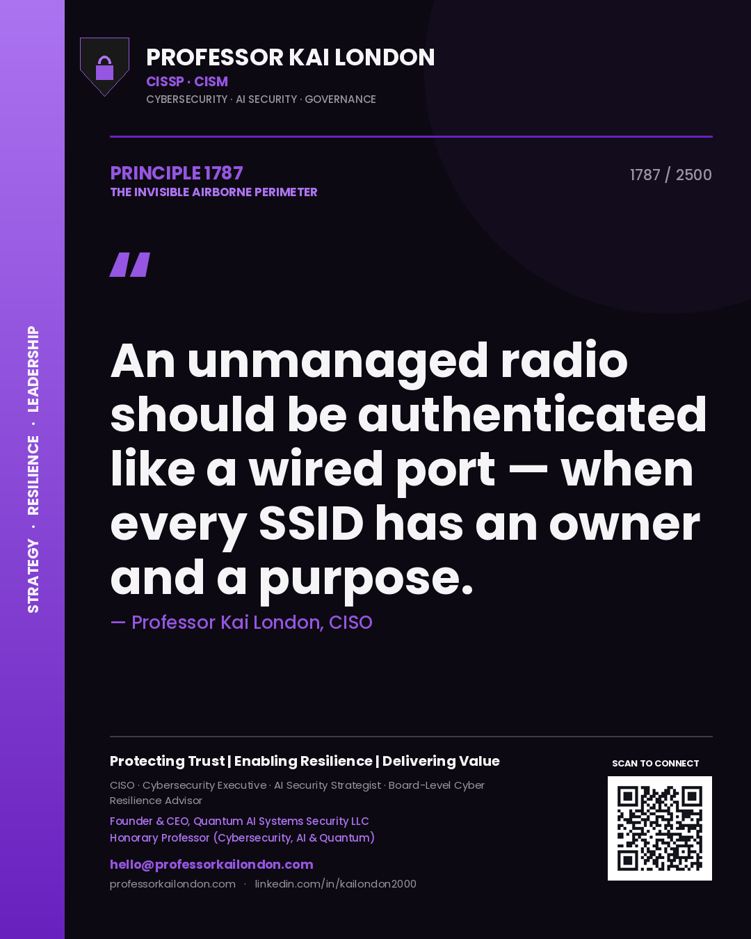 Professor Kai London principle 1787: An unmanaged radio should be authenticated like a wired port — when every SSID has an owner and a purpose.
