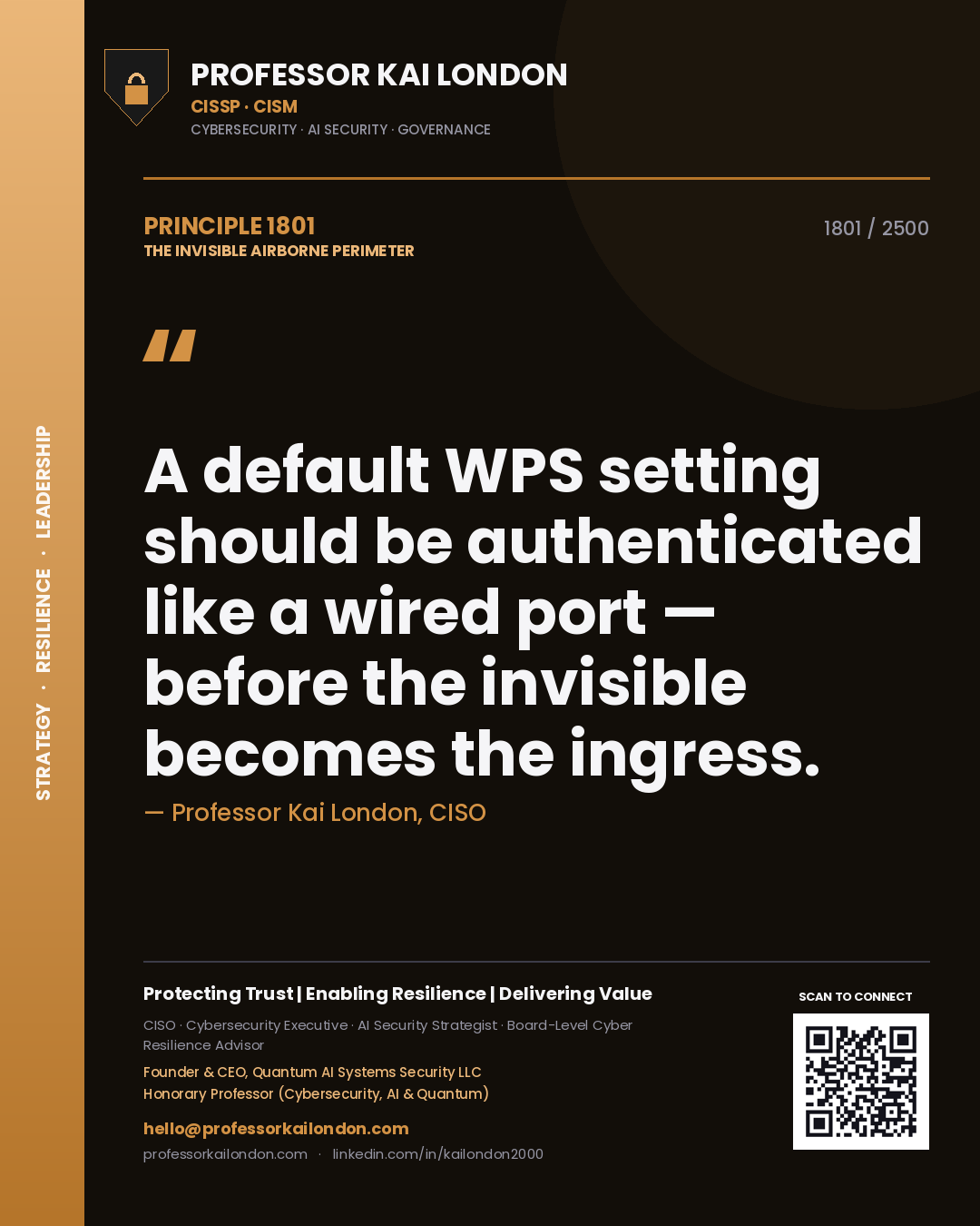 Professor Kai London principle 1801: A default WPS setting should be authenticated like a wired port — before the invisible becomes the ingress.