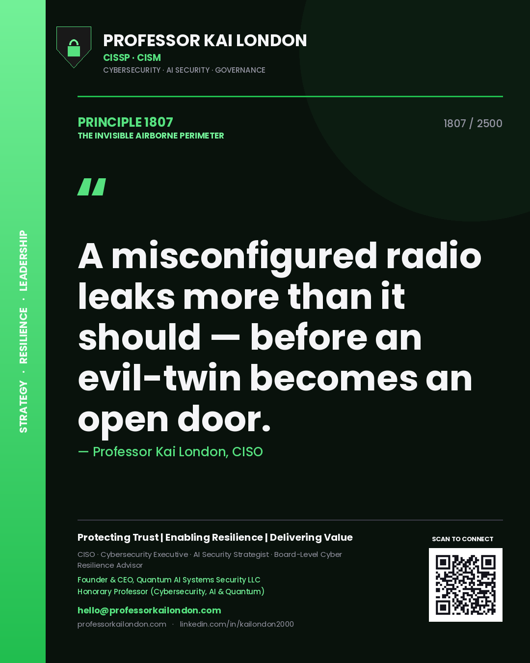 Professor Kai London principle 1807: A misconfigured radio leaks more than it should — before an evil-twin becomes an open door.