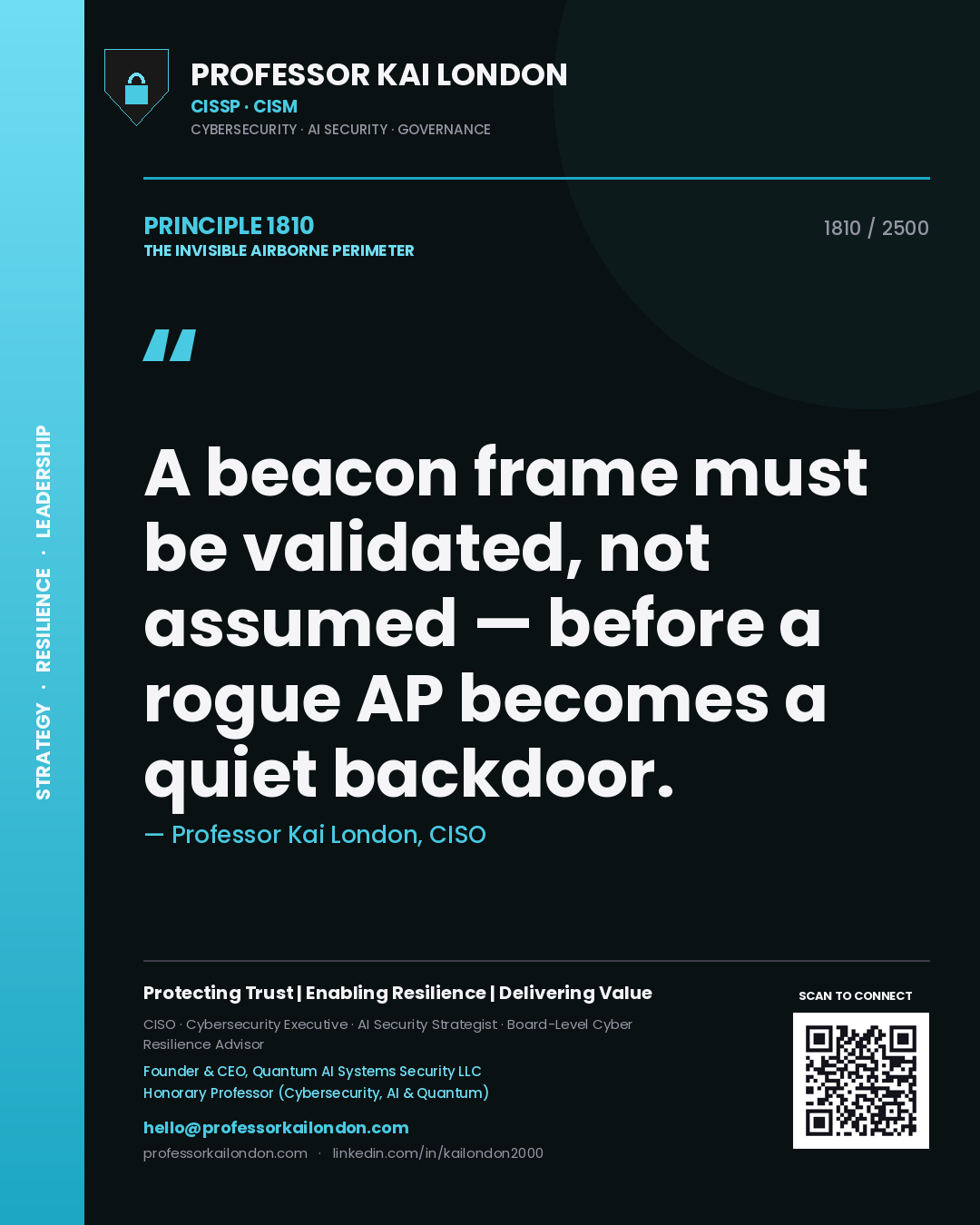 Professor Kai London principle 1810: A beacon frame must be validated, not assumed — before a rogue AP becomes a quiet backdoor.