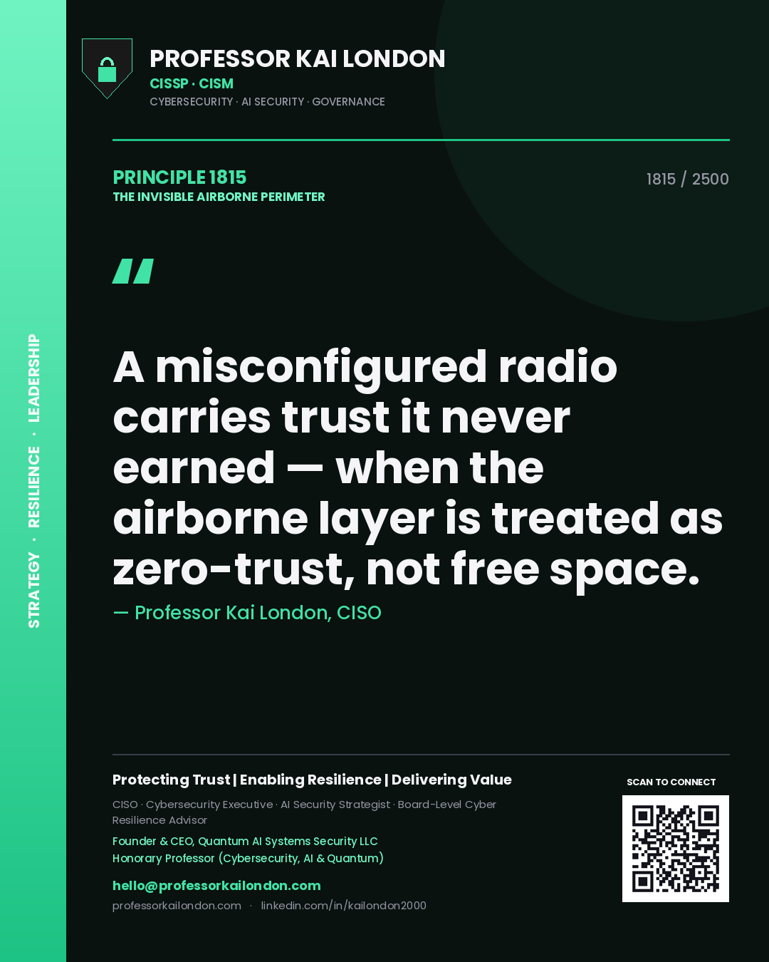 Professor Kai London principle 1815: A misconfigured radio carries trust it never earned — when the airborne layer is treated as zero-trust, not free space.