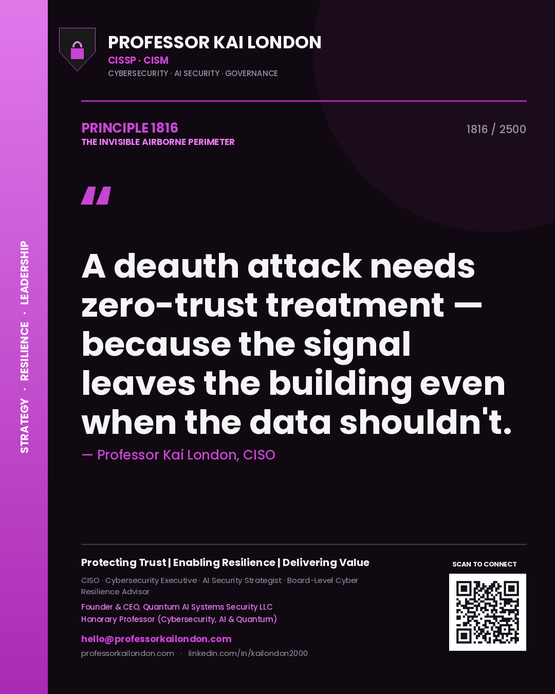 Professor Kai London principle 1816: A deauth attack needs zero-trust treatment — because the signal leaves the building even when the data shouldn't.