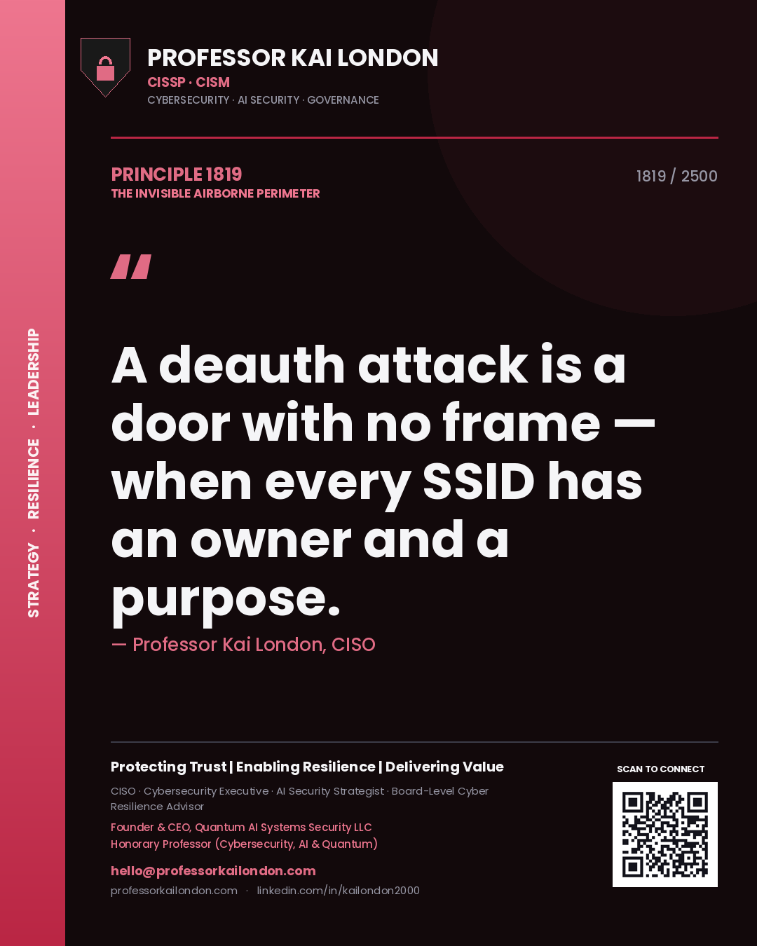 Professor Kai London principle 1819: A deauth attack is a door with no frame — when every SSID has an owner and a purpose.