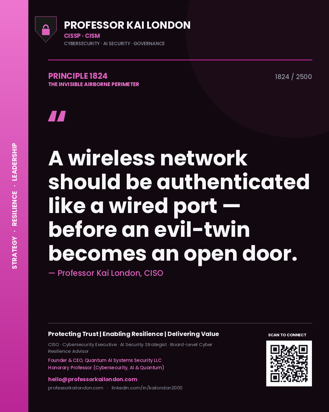 Professor Kai London principle 1824: A wireless network should be authenticated like a wired port — before an evil-twin becomes an open door.