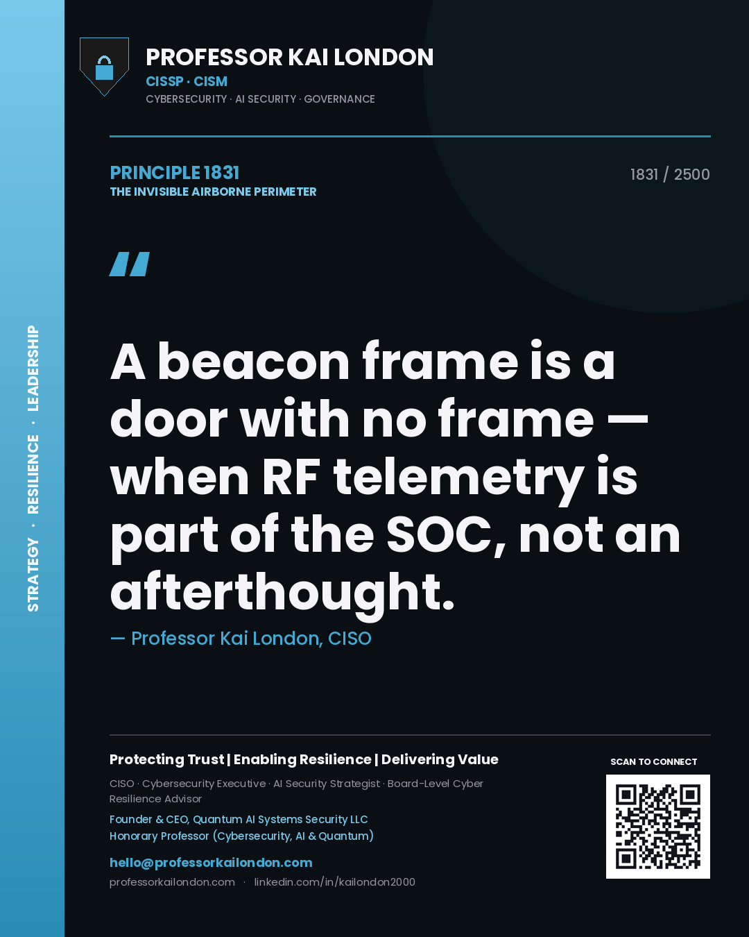 Professor Kai London principle 1831: A beacon frame is a door with no frame — when RF telemetry is part of the SOC, not an afterthought.