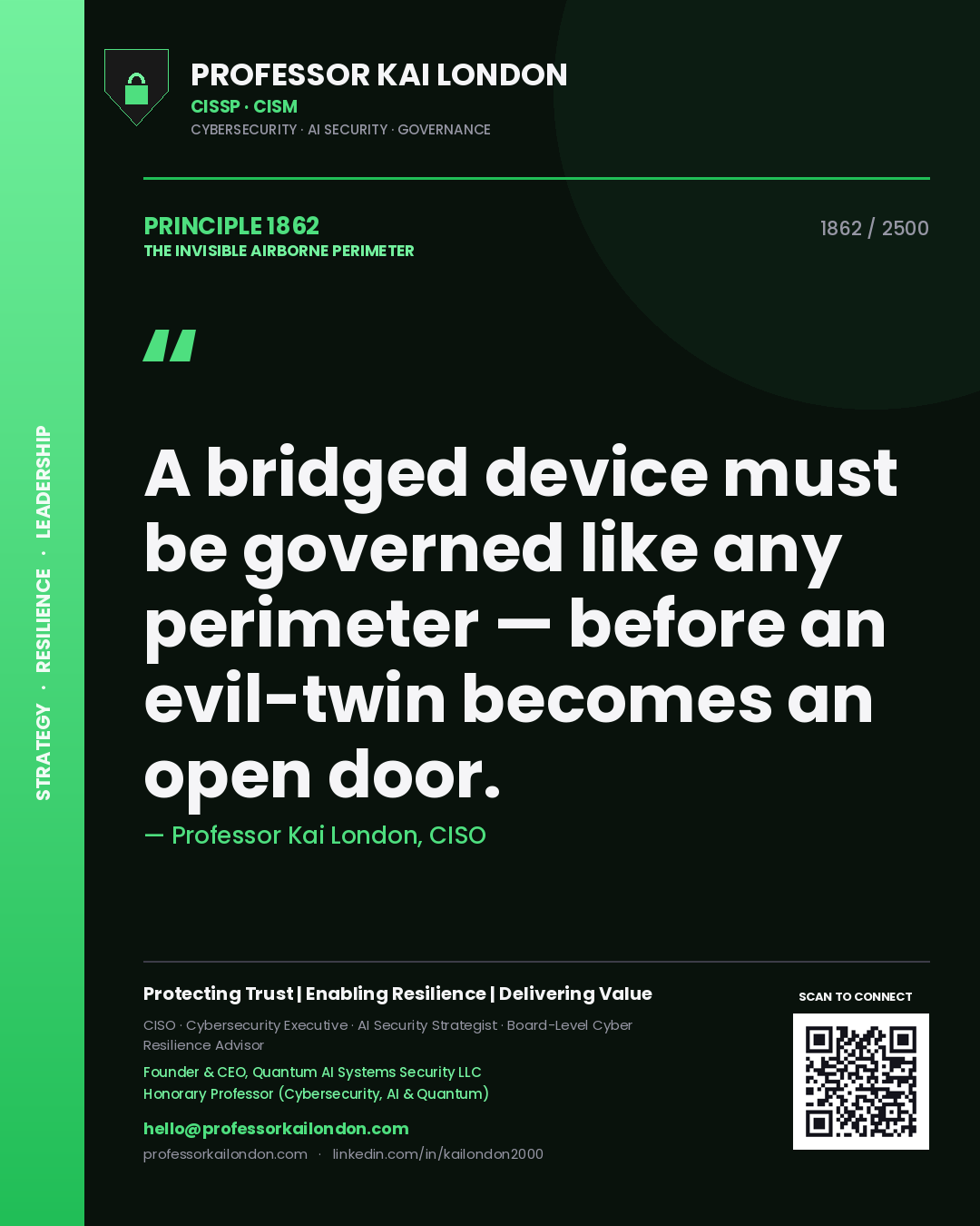Professor Kai London principle 1862: A bridged device must be governed like any perimeter — before an evil-twin becomes an open door.