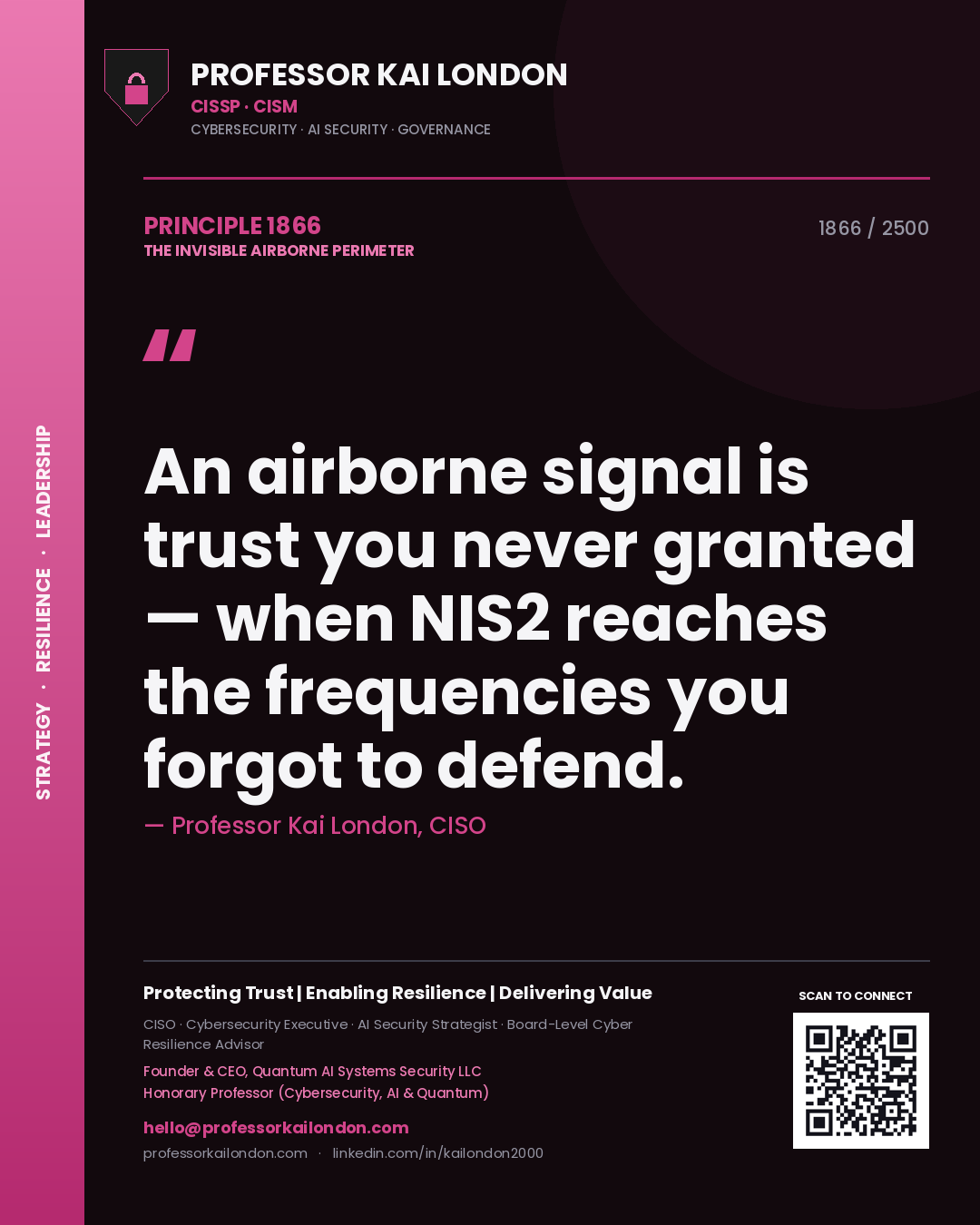 Professor Kai London principle 1866: An airborne signal is trust you never granted — when NIS2 reaches the frequencies you forgot to defend.