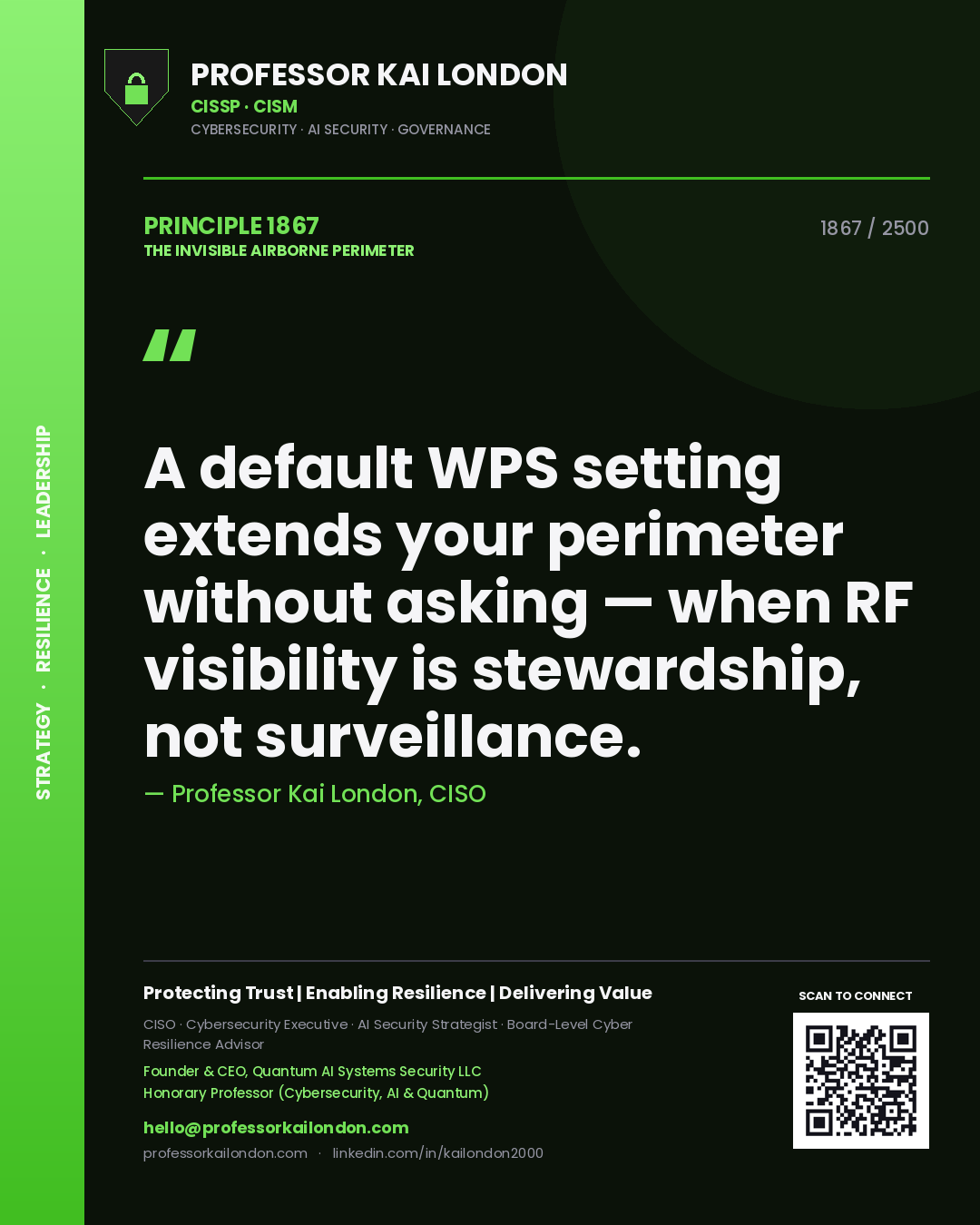 Professor Kai London principle 1867: A default WPS setting extends your perimeter without asking — when RF visibility is stewardship, not surveillance.