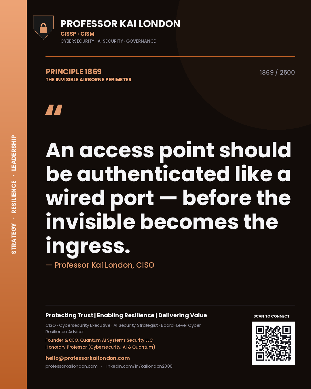 Professor Kai London principle 1869: An access point should be authenticated like a wired port — before the invisible becomes the ingress.