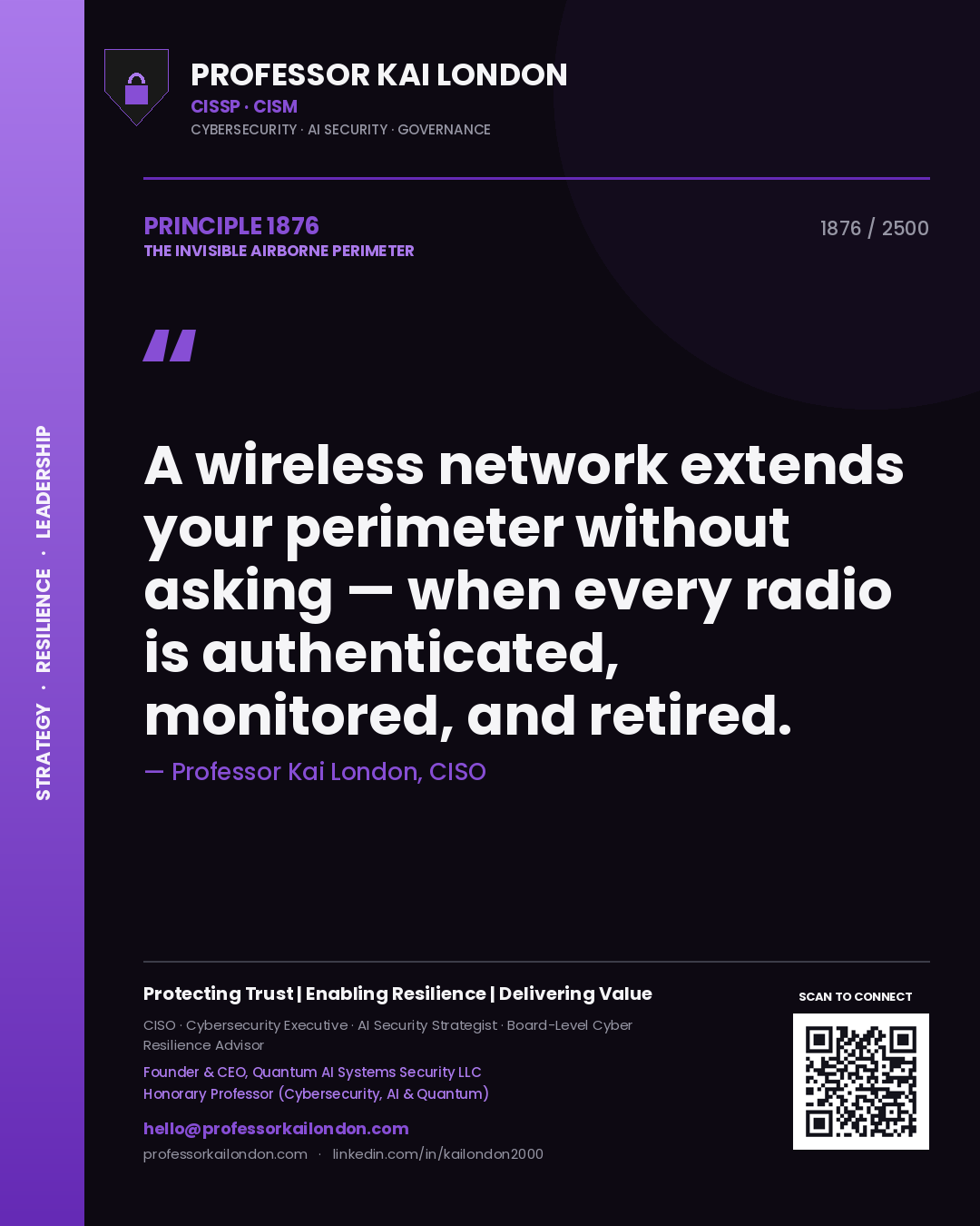 Professor Kai London principle 1876: A wireless network extends your perimeter without asking — when every radio is authenticated, monitored, and retired.