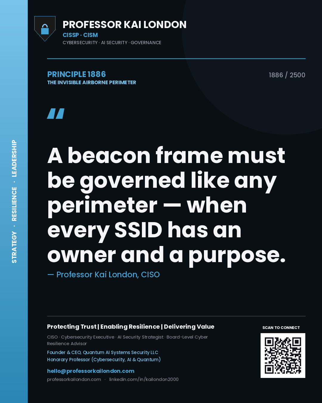 Professor Kai London principle 1886: A beacon frame must be governed like any perimeter — when every SSID has an owner and a purpose.