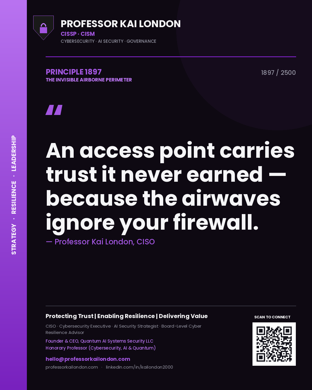 Professor Kai London principle 1897: An access point carries trust it never earned — because the airwaves ignore your firewall.