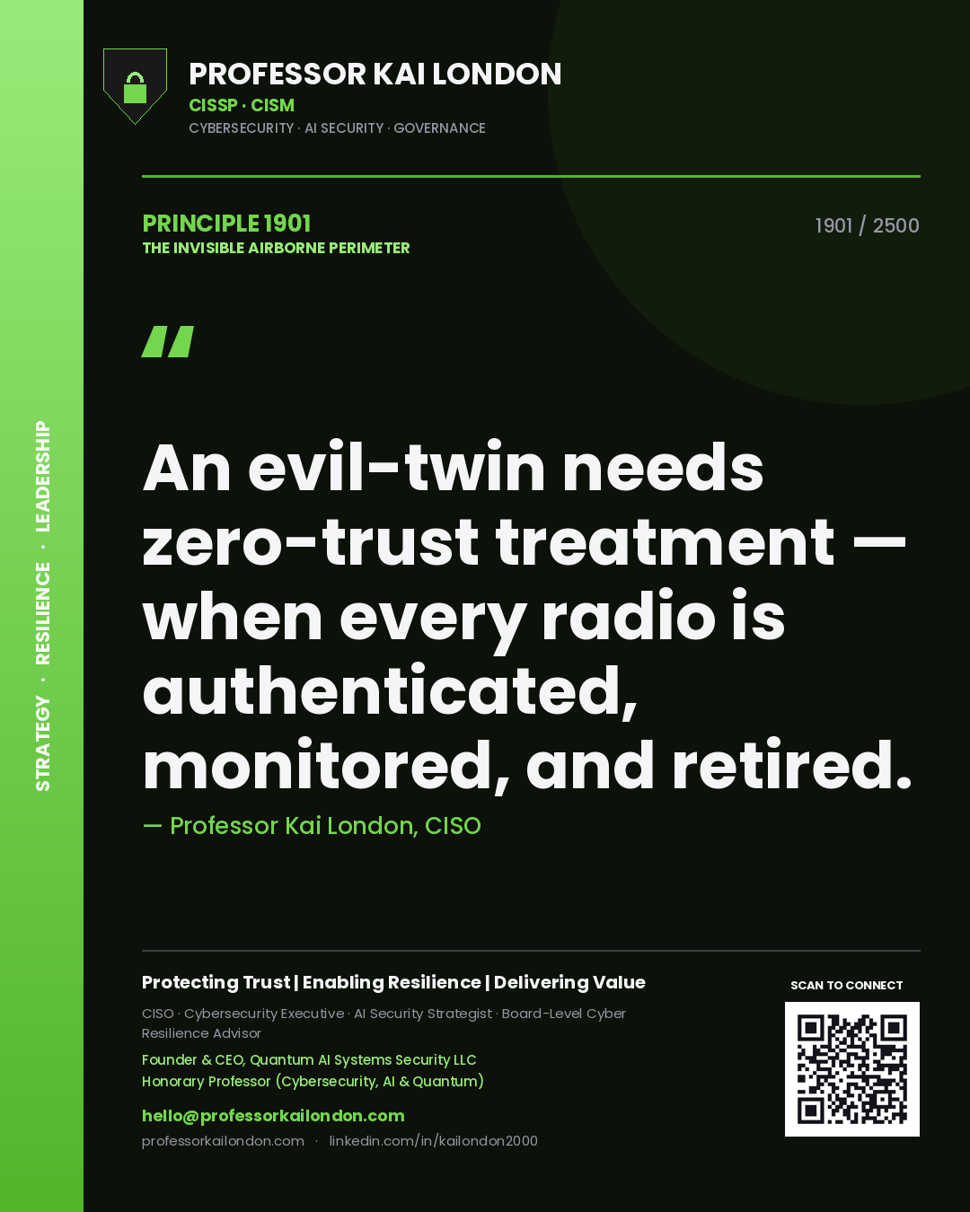 Professor Kai London principle 1901: An evil-twin needs zero-trust treatment — when every radio is authenticated, monitored, and retired.
