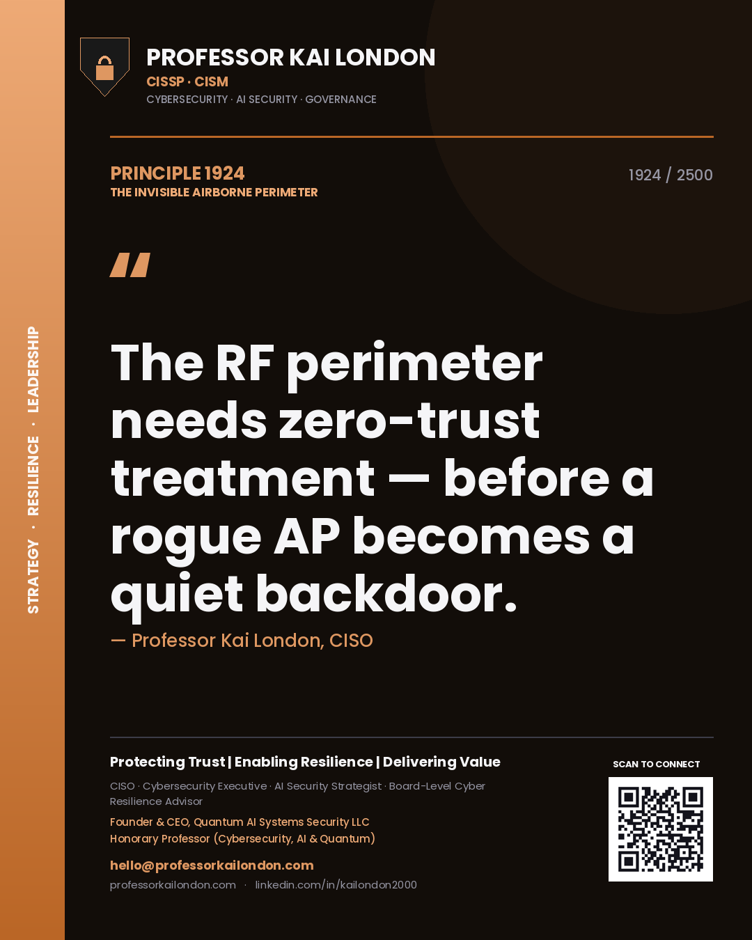 Professor Kai London principle 1924: The RF perimeter needs zero-trust treatment — before a rogue AP becomes a quiet backdoor.