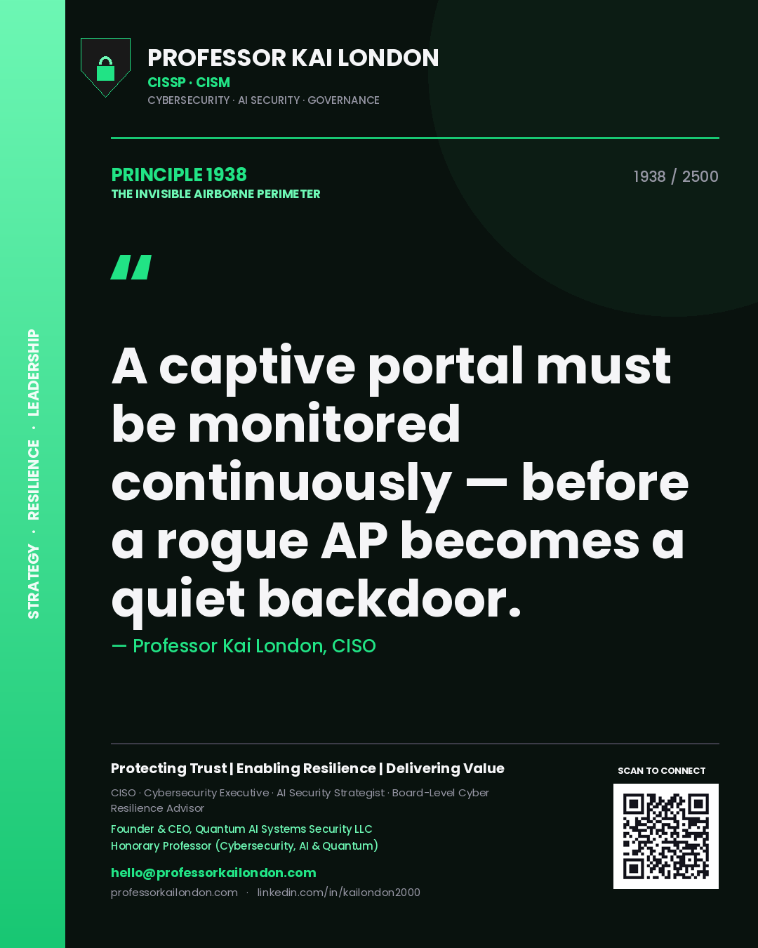 Professor Kai London principle 1938: A captive portal must be monitored continuously — before a rogue AP becomes a quiet backdoor.