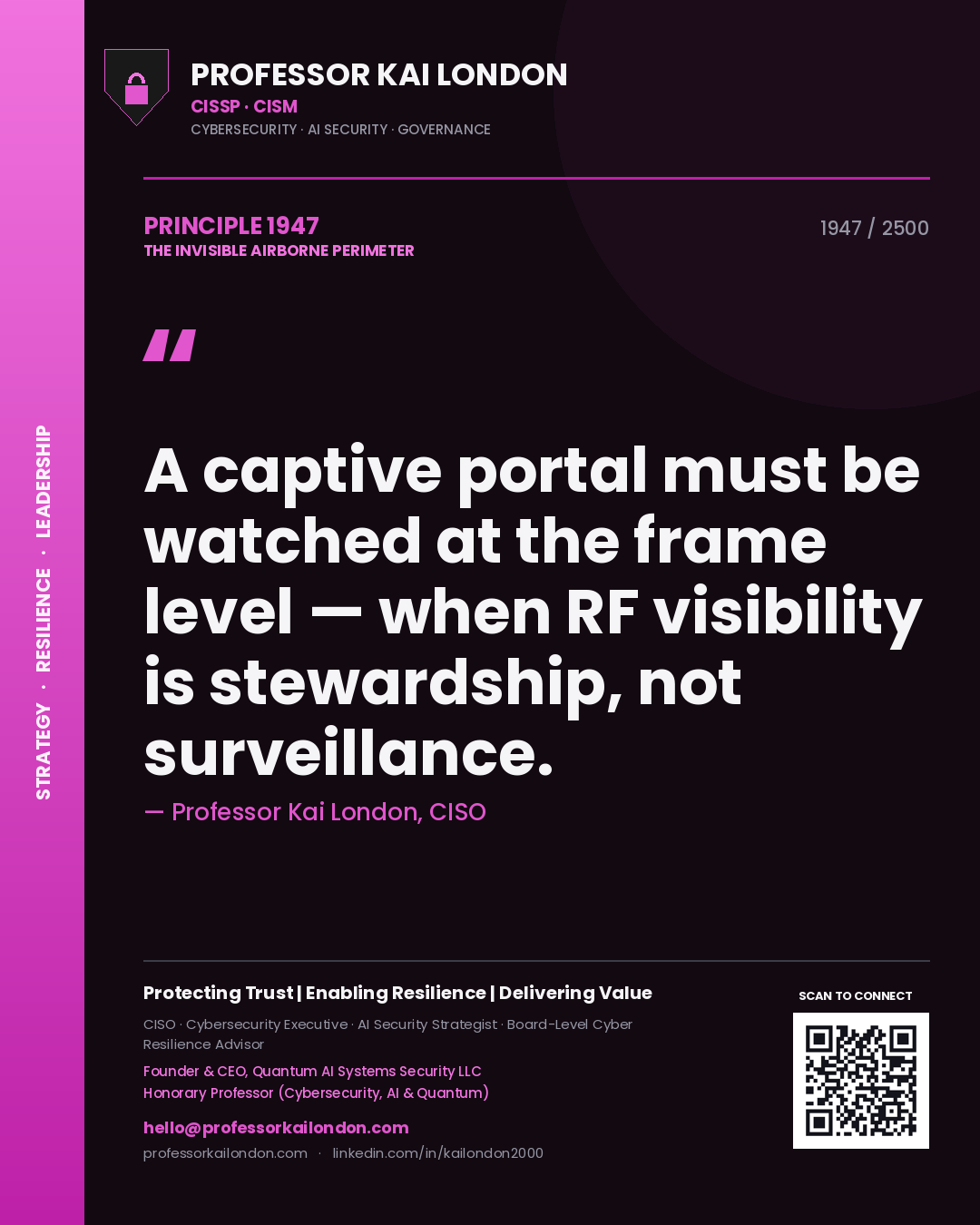 Professor Kai London principle 1947: A captive portal must be watched at the frame level — when RF visibility is stewardship, not surveillance.