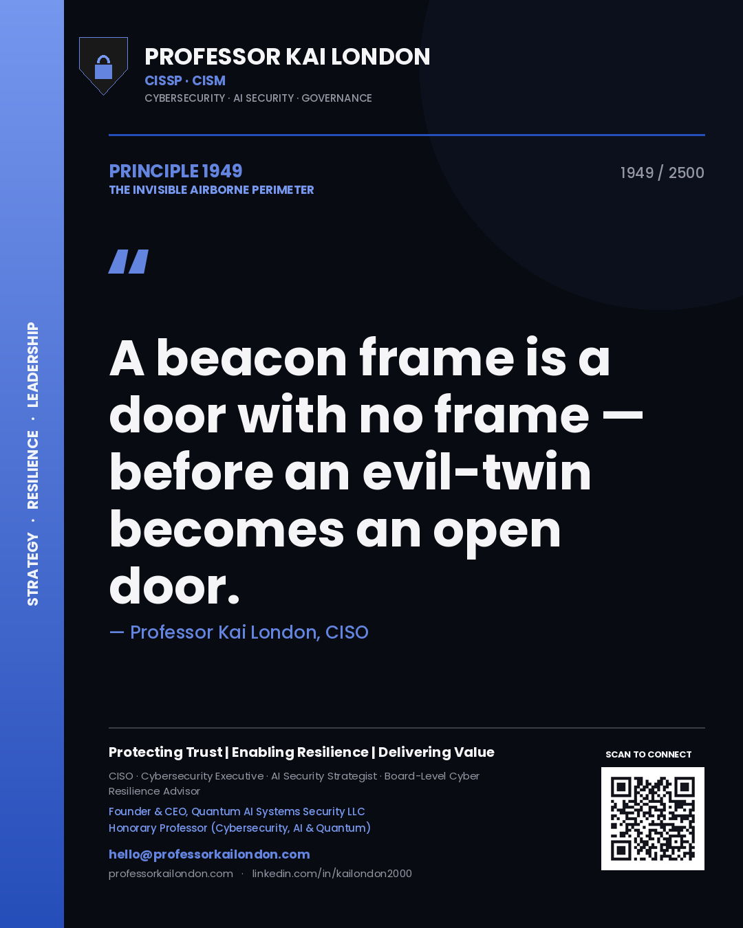 Professor Kai London principle 1949: A beacon frame is a door with no frame — before an evil-twin becomes an open door.