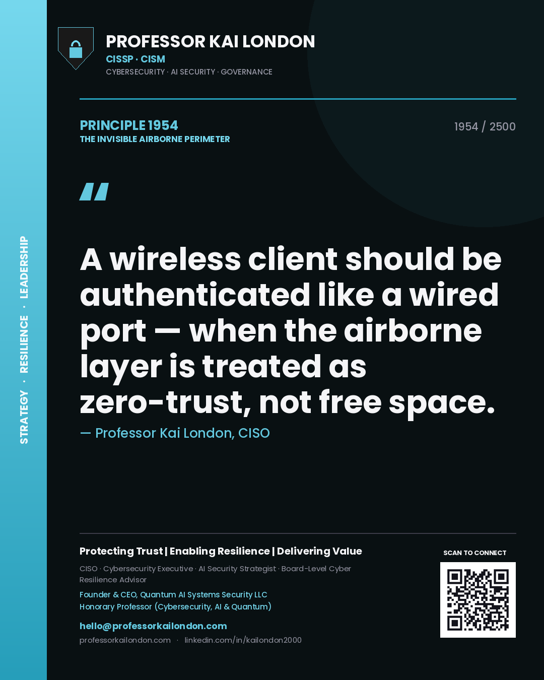 Professor Kai London principle 1954: A wireless client should be authenticated like a wired port — when the airborne layer is treated as zero-trust, not free space.