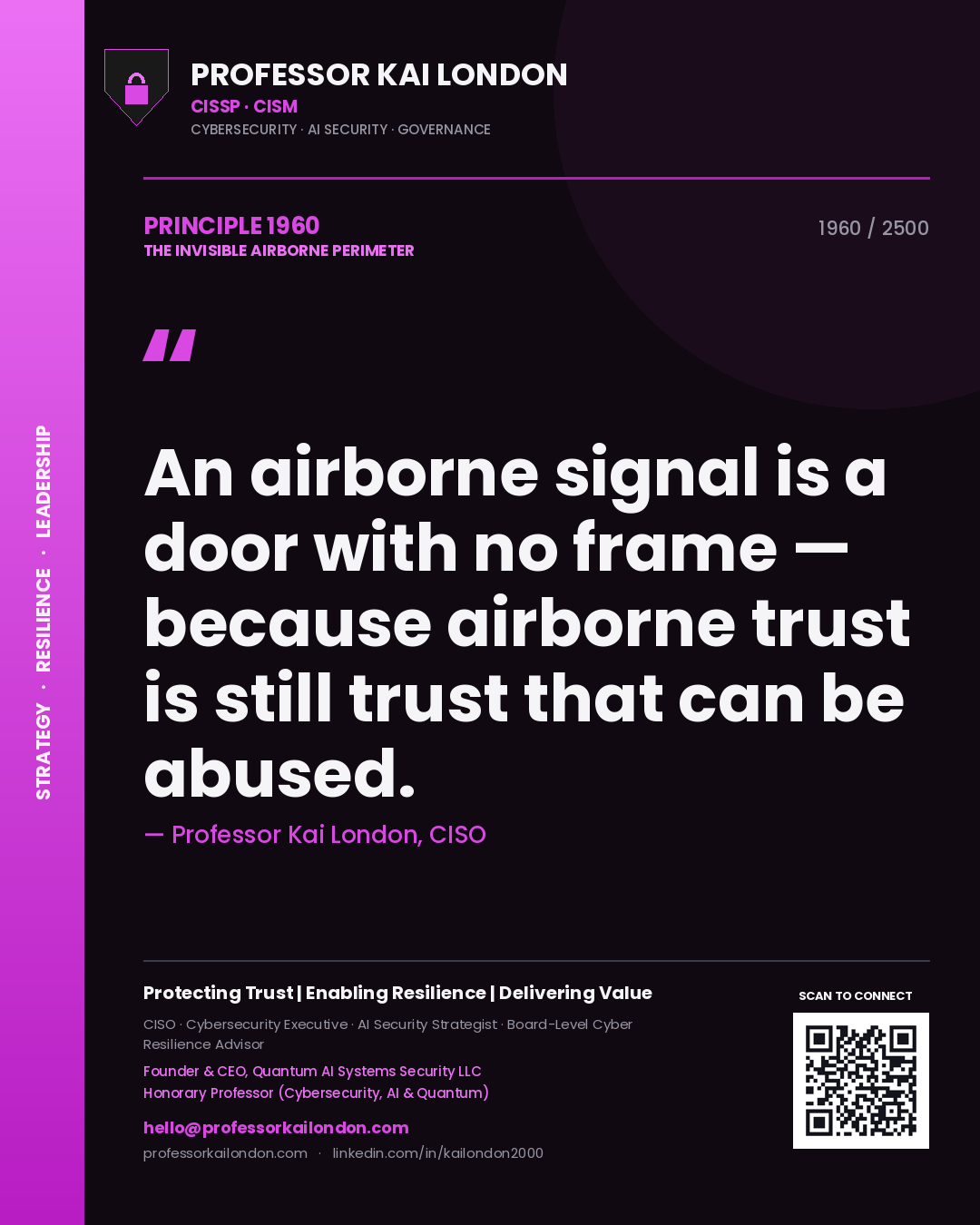Professor Kai London principle 1960: An airborne signal is a door with no frame — because airborne trust is still trust that can be abused.
