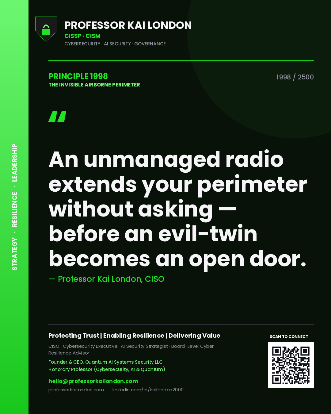 Professor Kai London principle 1998: An unmanaged radio extends your perimeter without asking — before an evil-twin becomes an open door.
