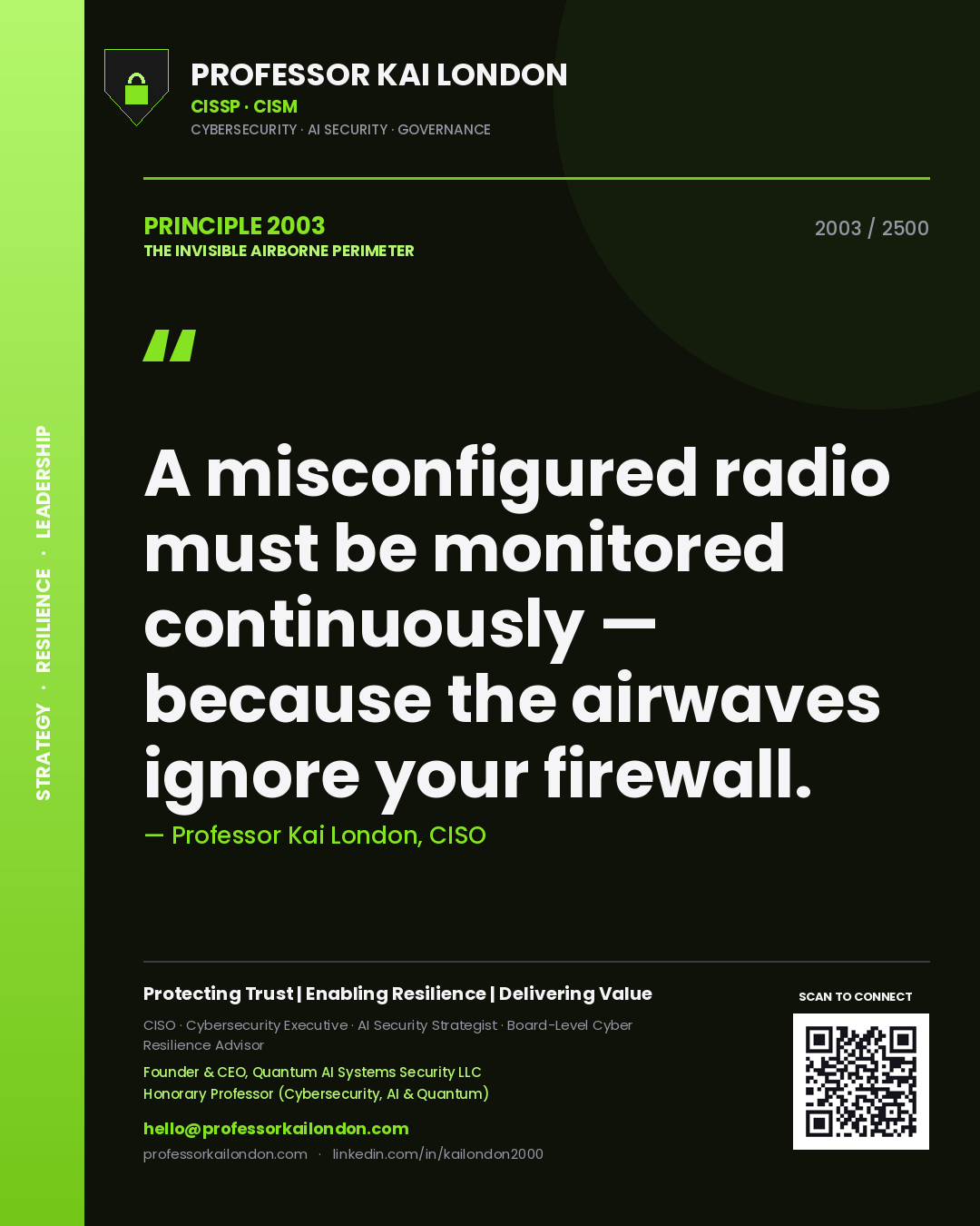Professor Kai London principle 2003: A misconfigured radio must be monitored continuously — because the airwaves ignore your firewall.