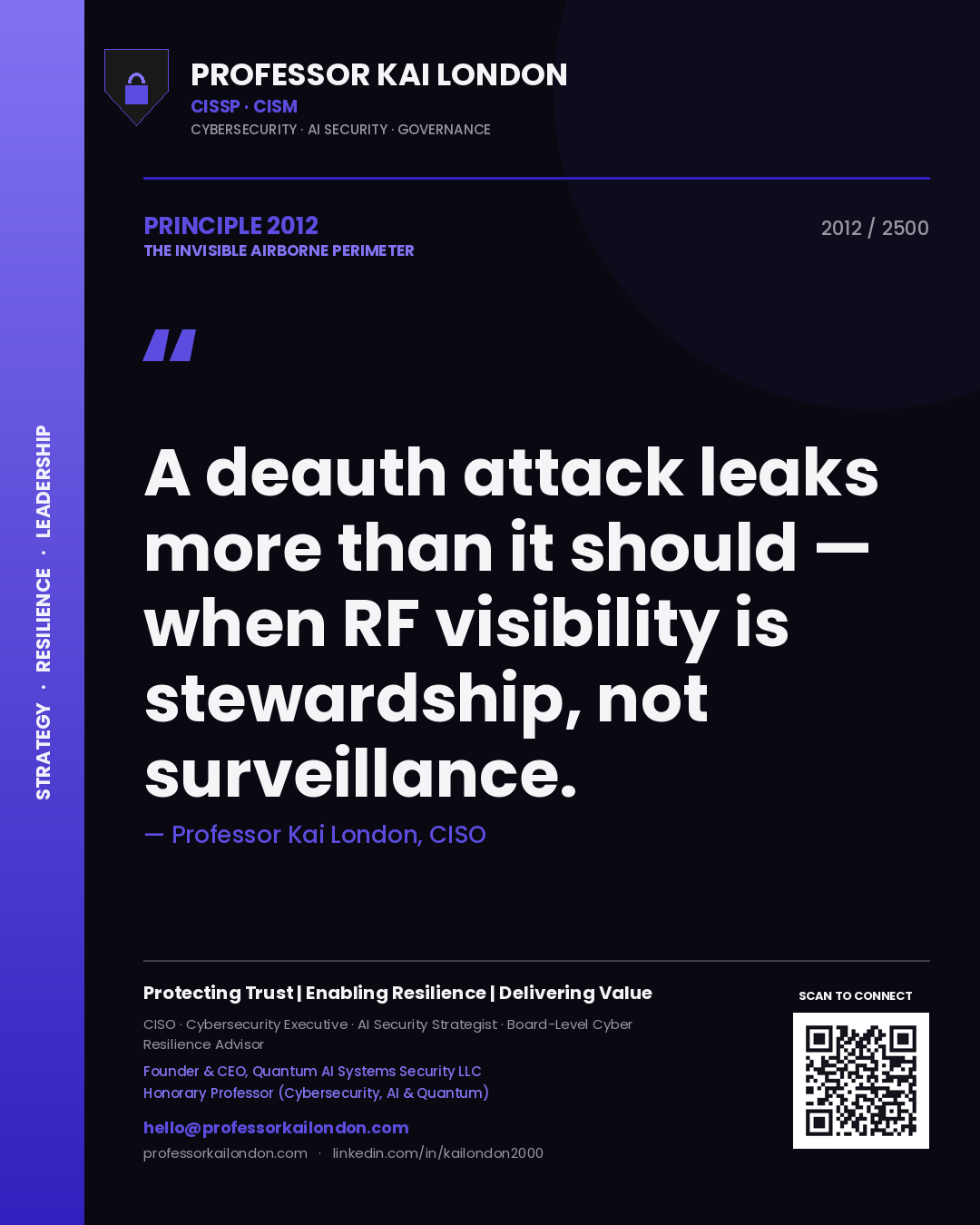 Professor Kai London principle 2012: A deauth attack leaks more than it should — when RF visibility is stewardship, not surveillance.