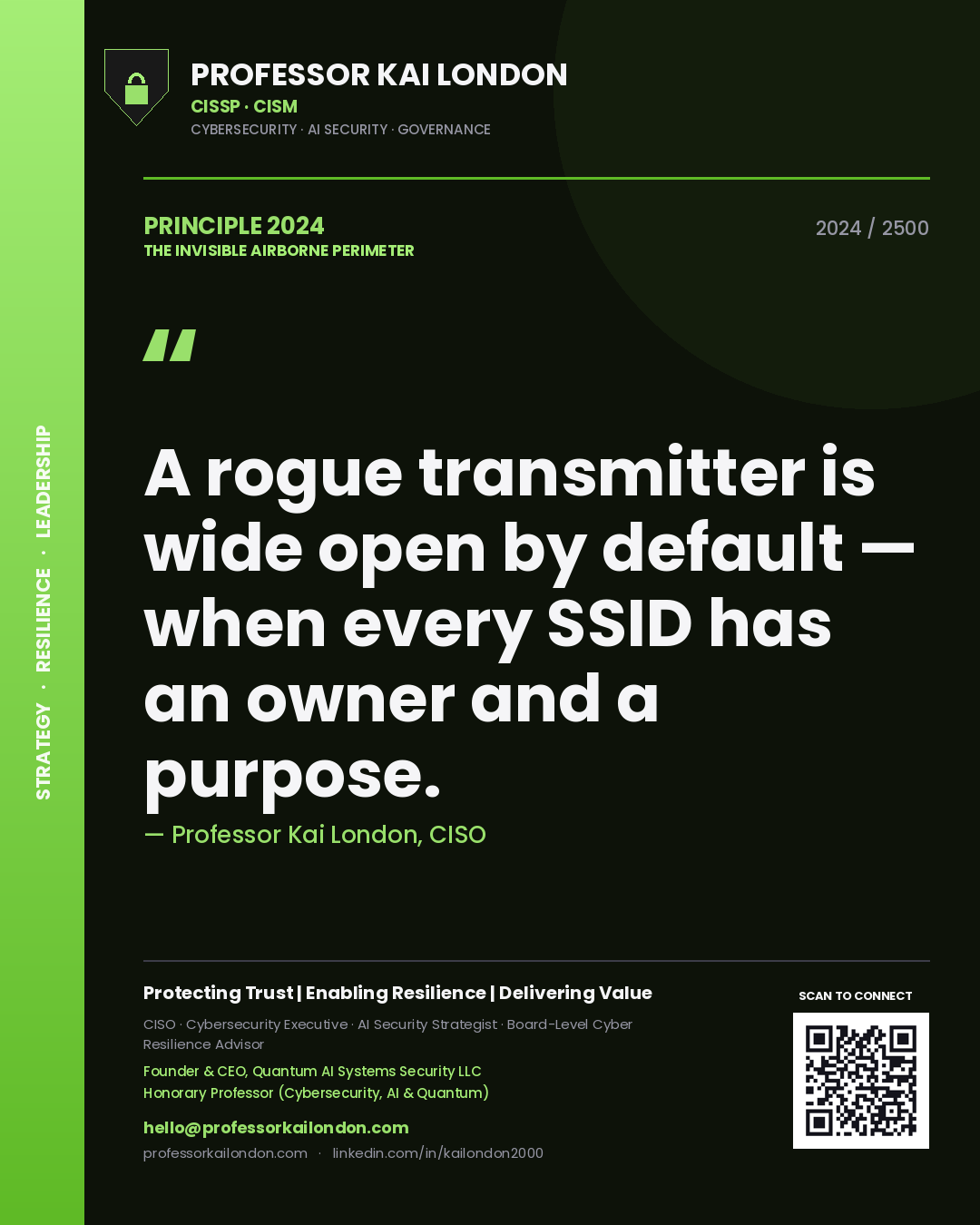 Professor Kai London principle 2024: A rogue transmitter is wide open by default — when every SSID has an owner and a purpose.