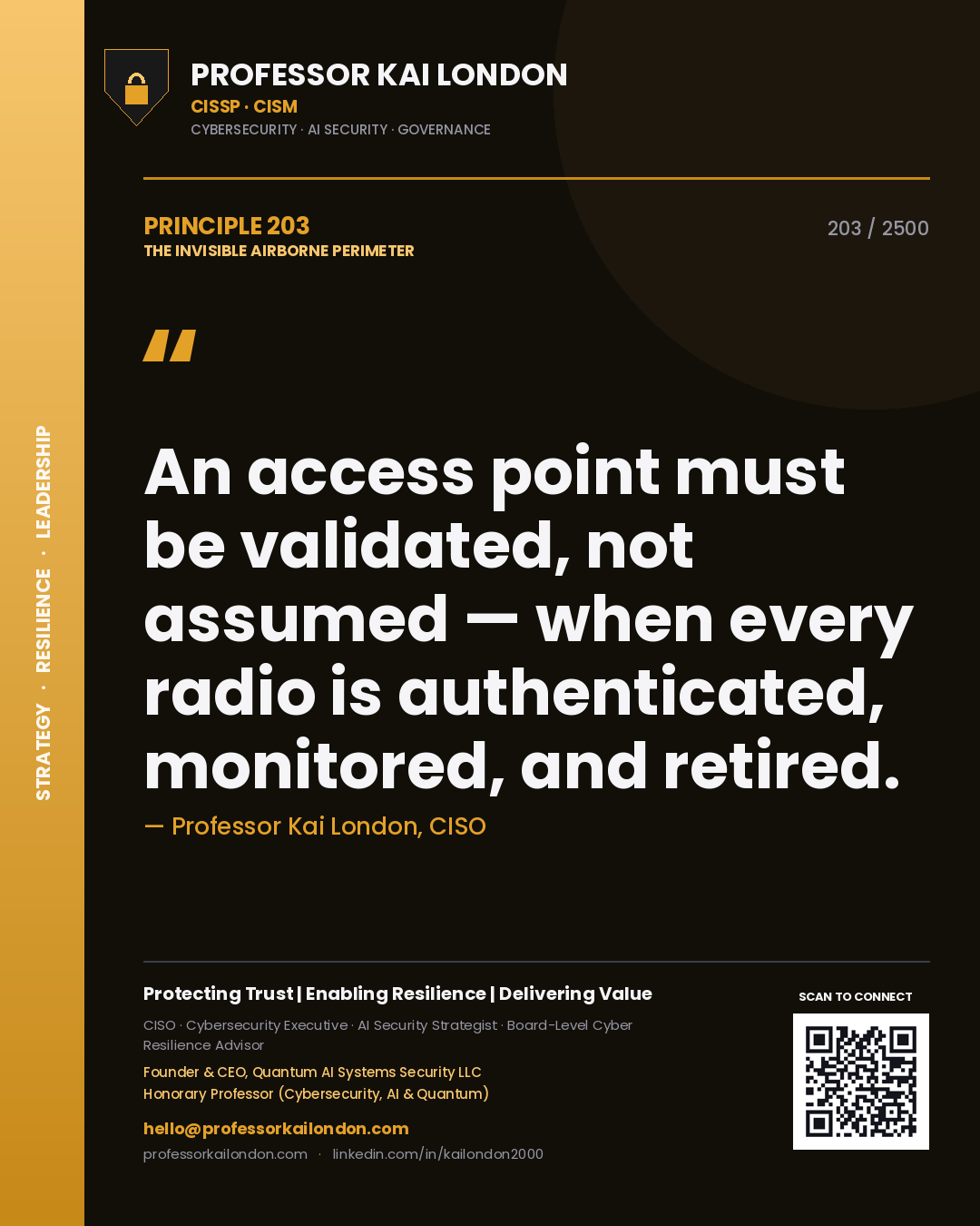 Professor Kai London principle 203: An access point must be validated, not assumed — when every radio is authenticated, monitored, and retired.