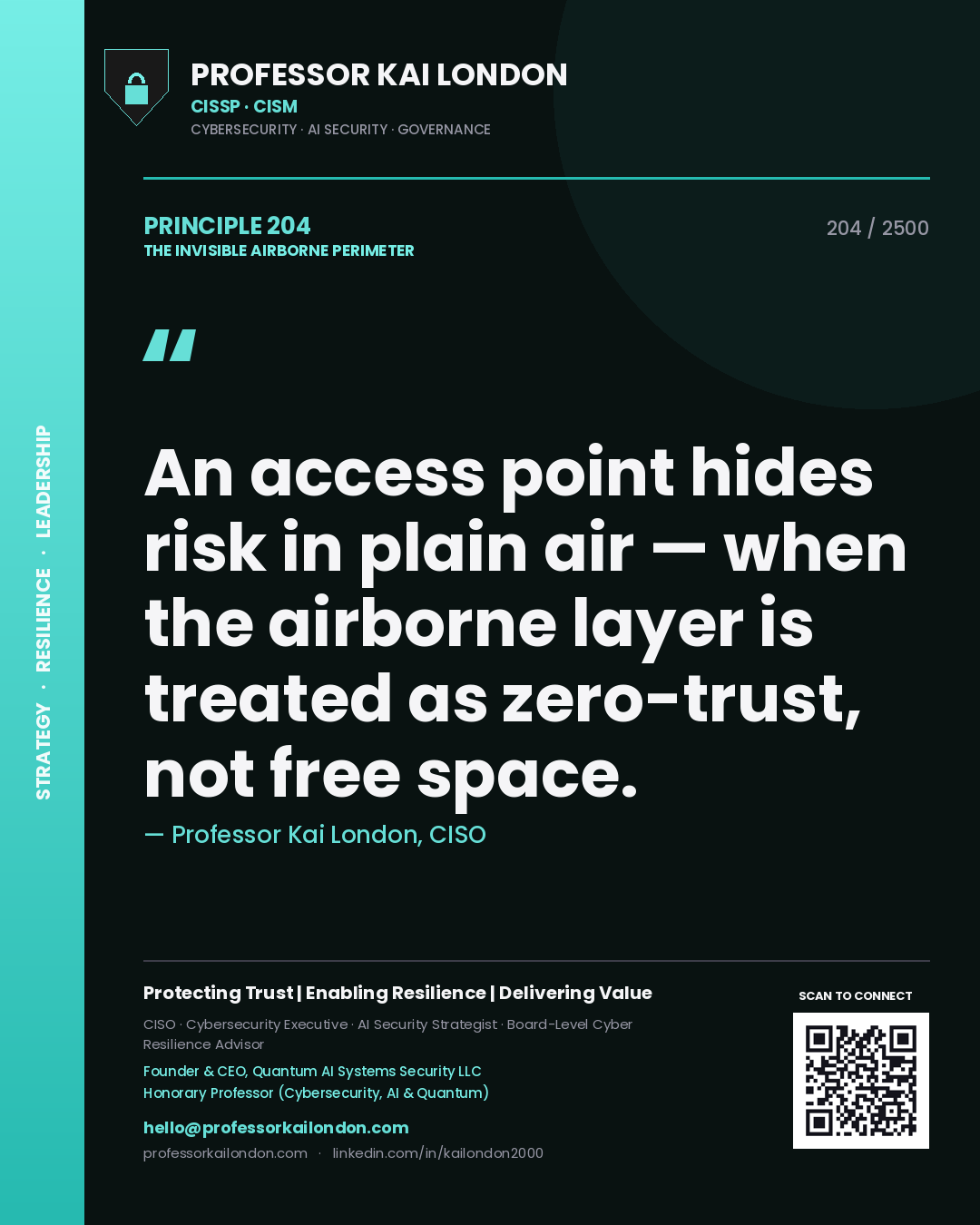 Professor Kai London principle 204: An access point hides risk in plain air — when the airborne layer is treated as zero-trust, not free space.