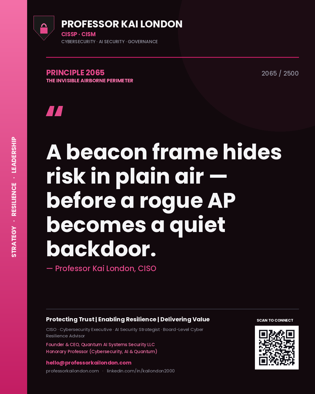 Professor Kai London principle 2065: A beacon frame hides risk in plain air — before a rogue AP becomes a quiet backdoor.