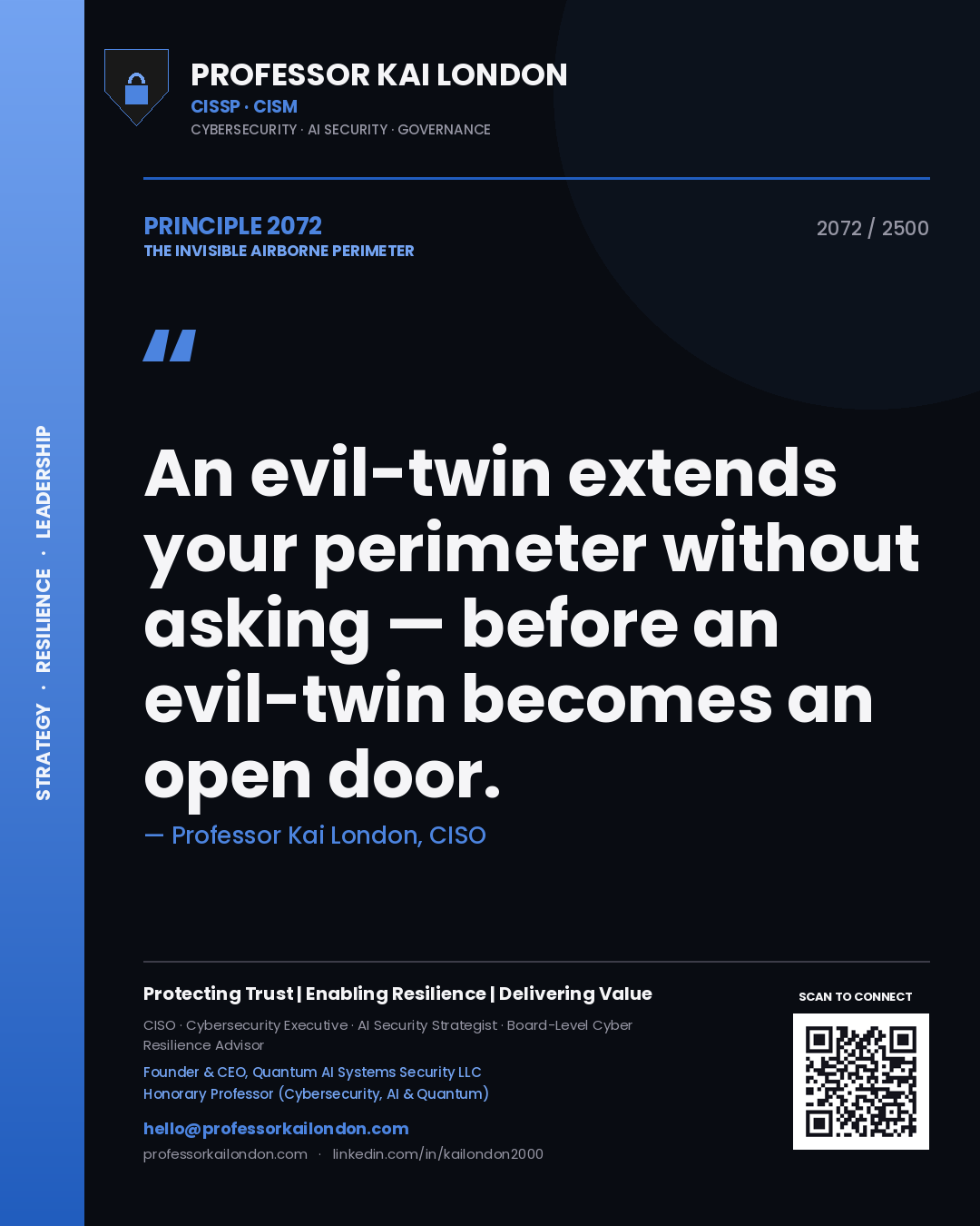 Professor Kai London principle 2072: An evil-twin extends your perimeter without asking — before an evil-twin becomes an open door.
