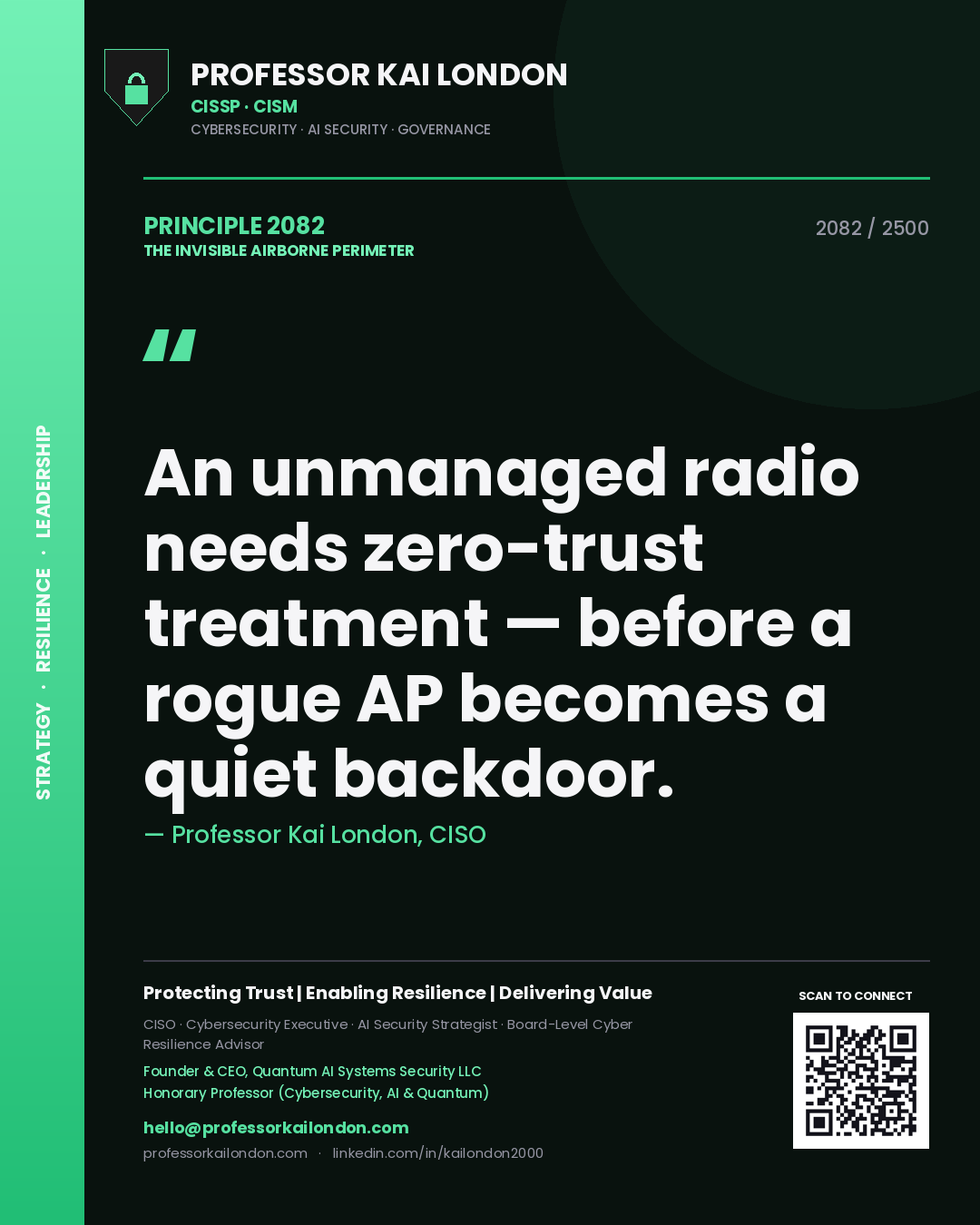 Professor Kai London principle 2082: An unmanaged radio needs zero-trust treatment — before a rogue AP becomes a quiet backdoor.