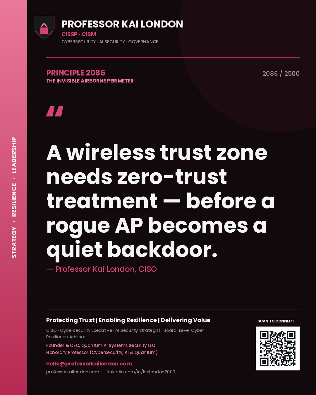 Professor Kai London principle 2086: A wireless trust zone needs zero-trust treatment — before a rogue AP becomes a quiet backdoor.
