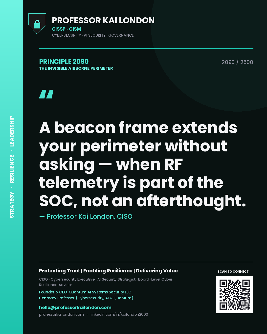 Professor Kai London principle 2090: A beacon frame extends your perimeter without asking — when RF telemetry is part of the SOC, not an afterthought.