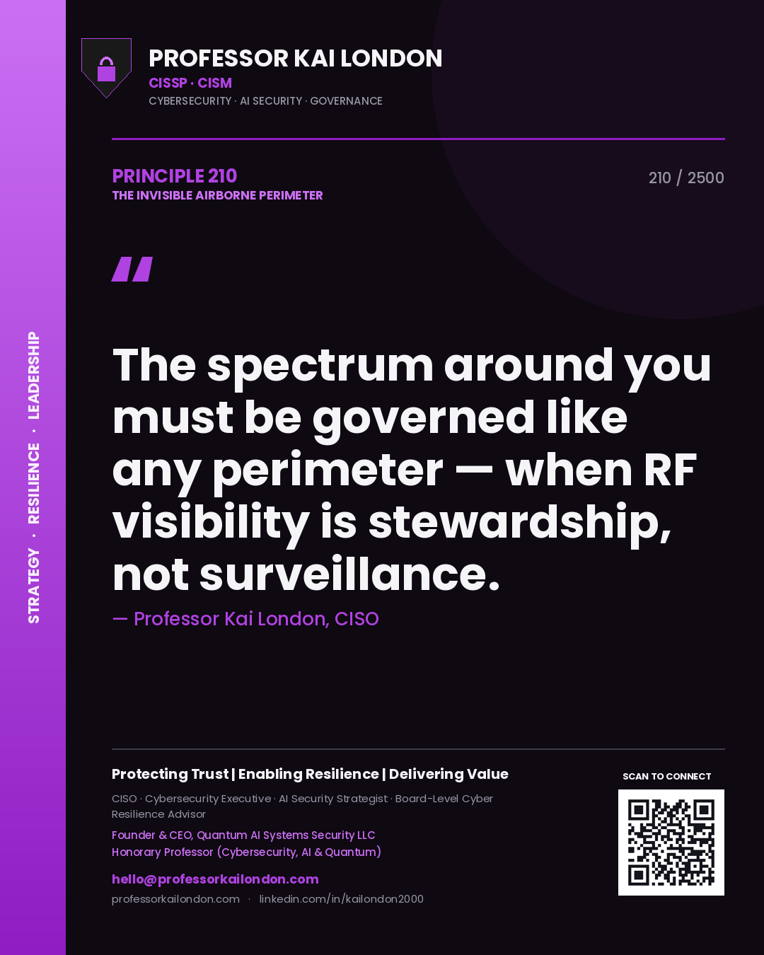 Professor Kai London principle 210: The spectrum around you must be governed like any perimeter — when RF visibility is stewardship, not surveillance.
