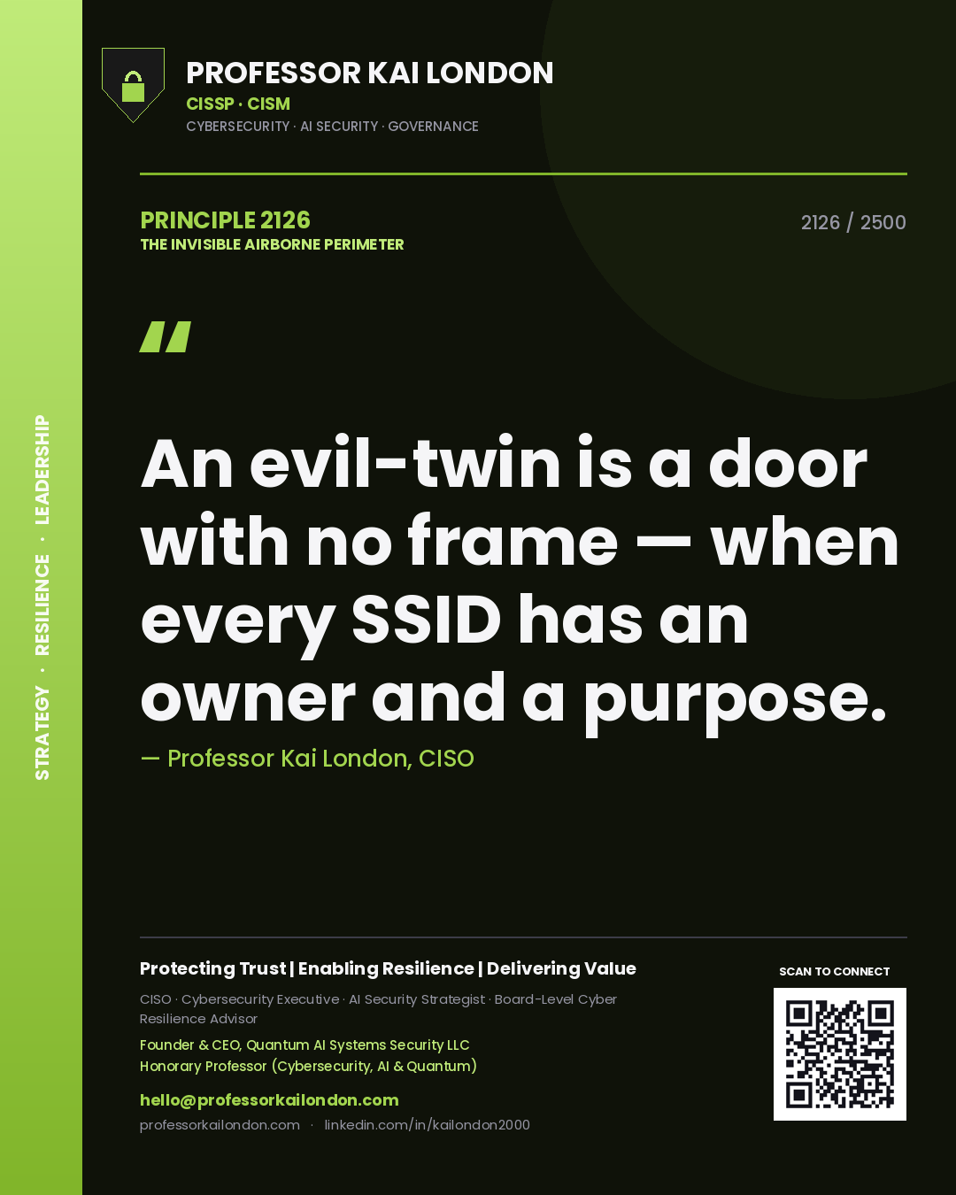 Professor Kai London principle 2126: An evil-twin is a door with no frame — when every SSID has an owner and a purpose.