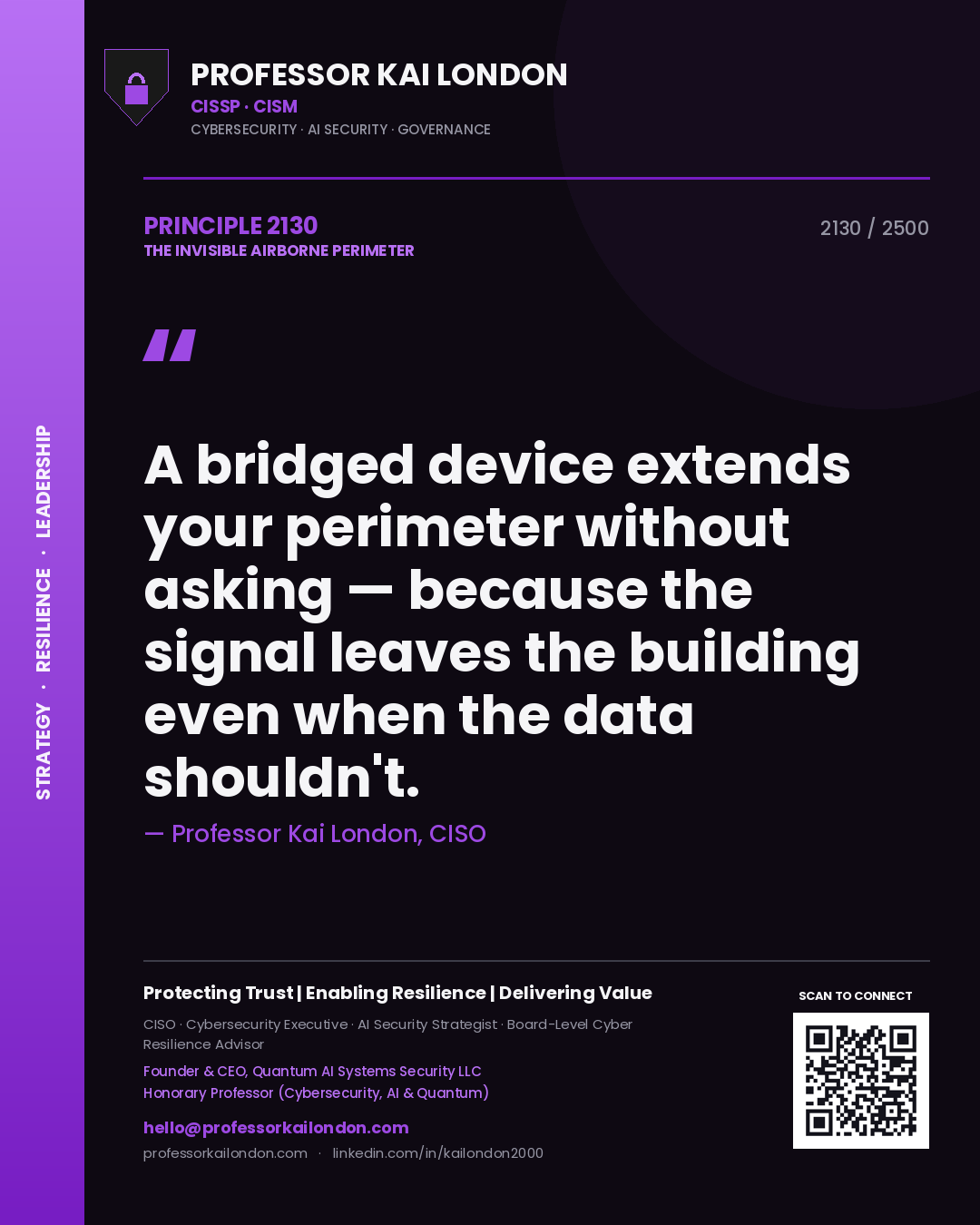 Professor Kai London principle 2130: A bridged device extends your perimeter without asking — because the signal leaves the building even when the data shouldn't.
