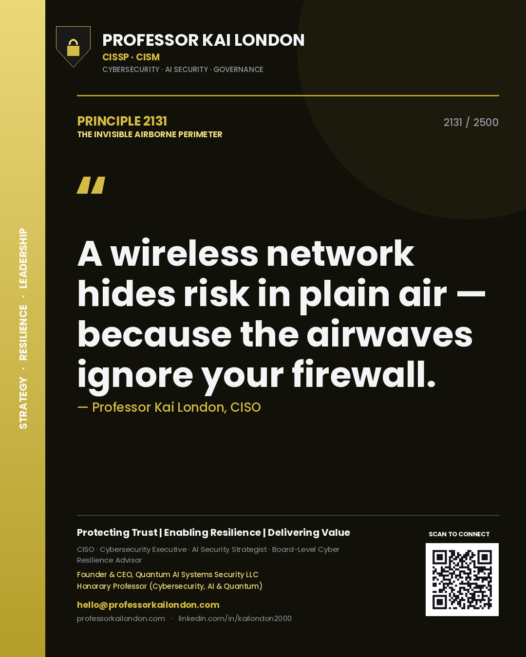 Professor Kai London principle 2131: A wireless network hides risk in plain air — because the airwaves ignore your firewall.