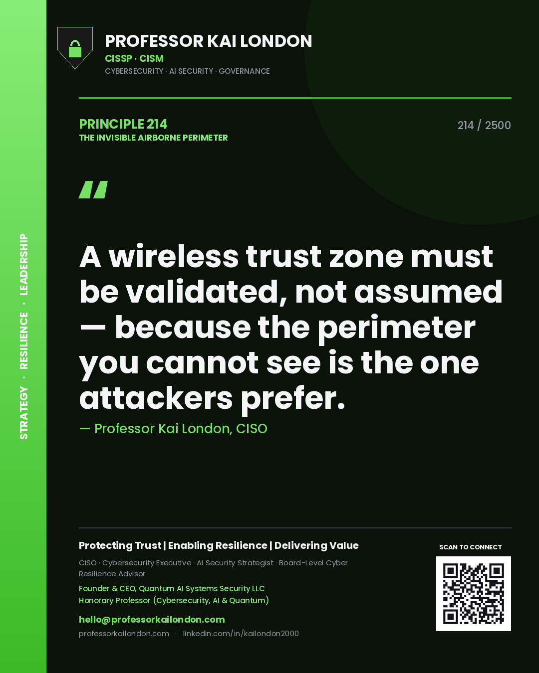 Professor Kai London principle 214: A wireless trust zone must be validated, not assumed — because the perimeter you cannot see is the one attackers prefer.