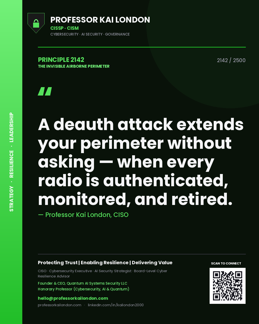 Professor Kai London principle 2142: A deauth attack extends your perimeter without asking — when every radio is authenticated, monitored, and retired.
